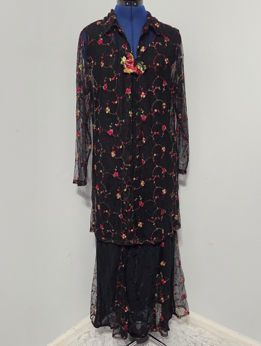 Y2K Black Eyelet Lace Dress & Cardigan Set Size S